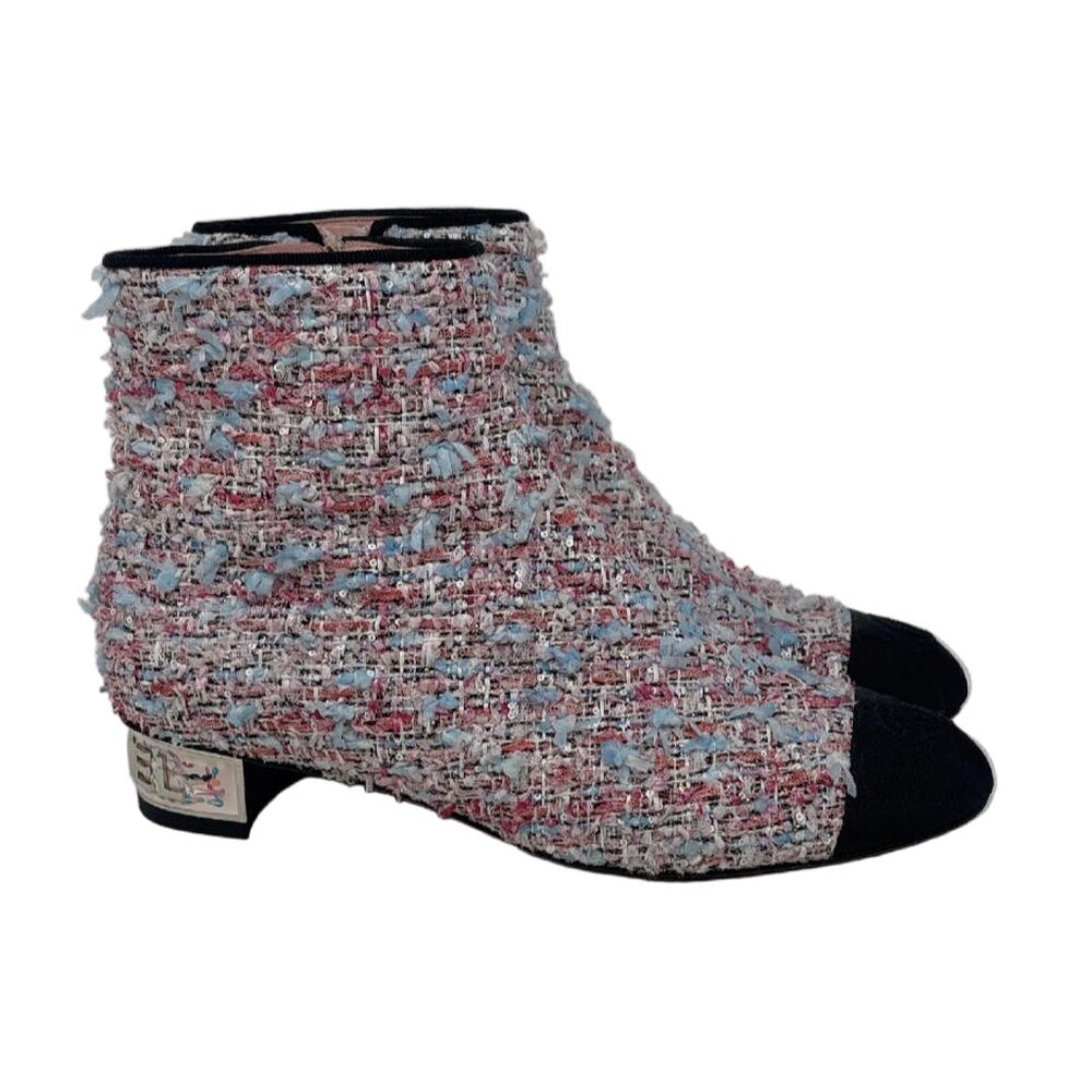 Chanel CC Pink Tweed Ankle Boots with Grosgrain Cap Toe Sz-37